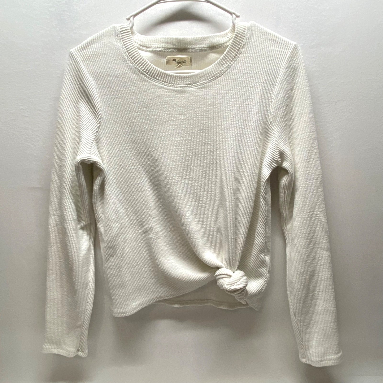 Madewell Ribbed Knit Top Women's Medium White Long Sleeve Tie Front Stretch Guc